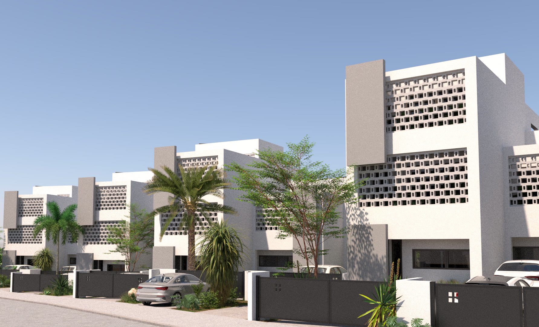 Street view of Catharina Gardens, white facades with perforated breeze-block screens