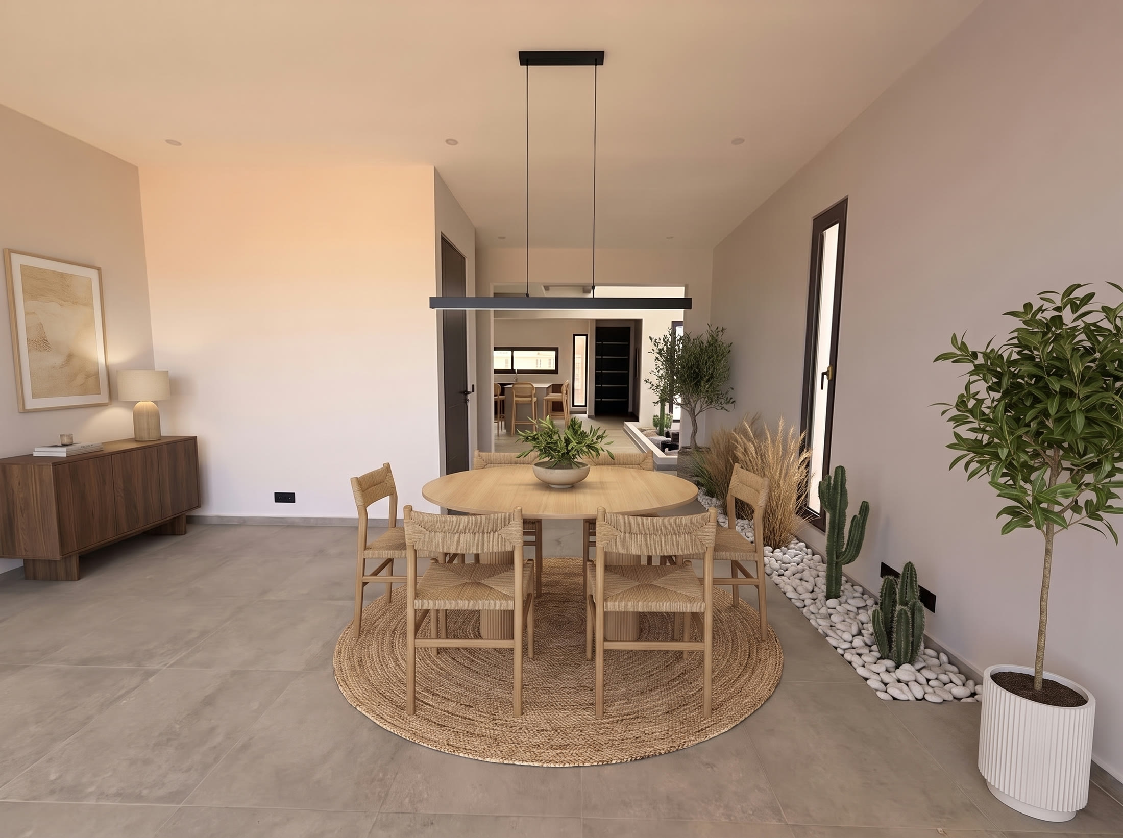 Dining room with round table looking toward the kitchen