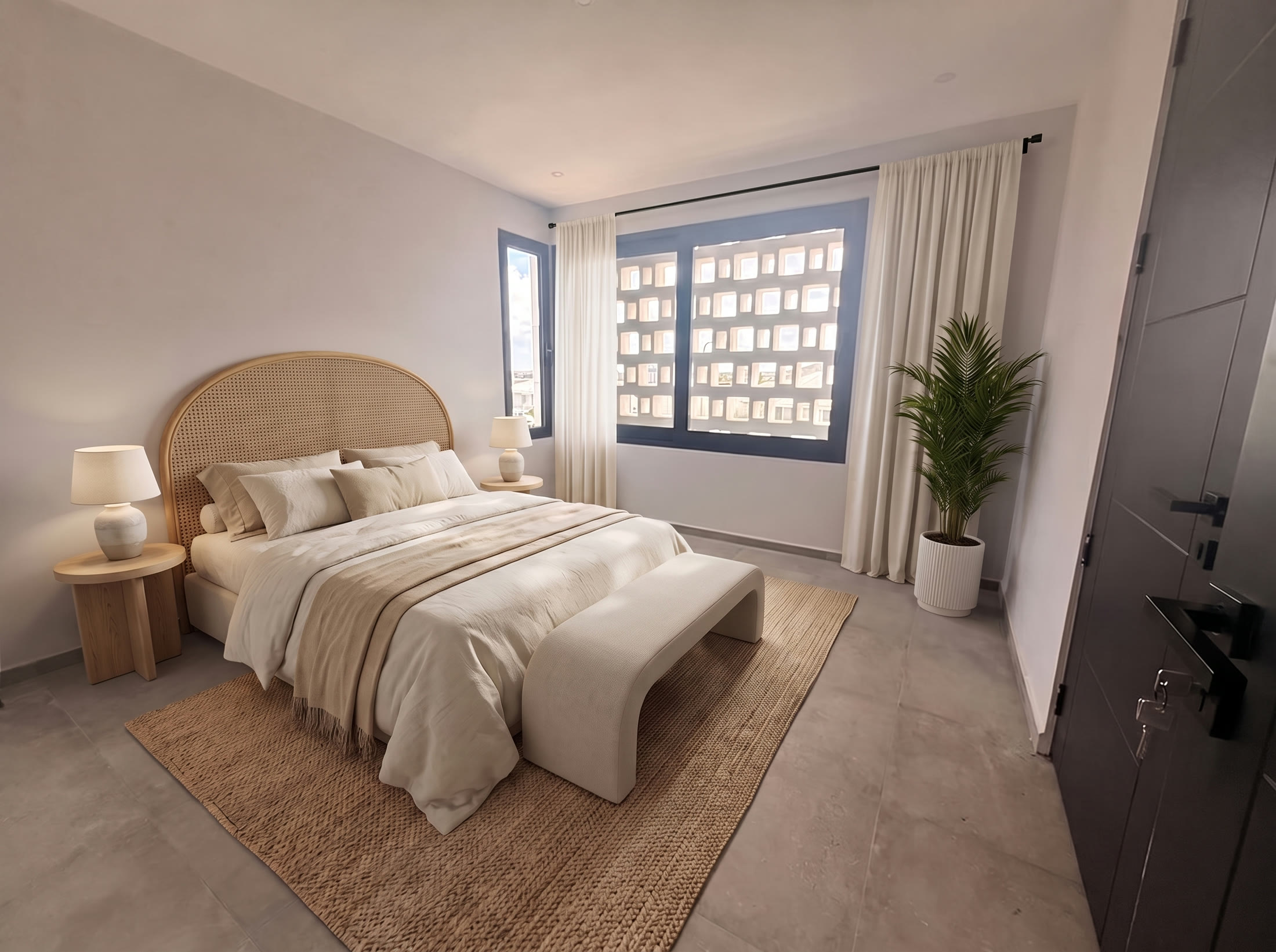 Master bedroom with rattan headboard and corner window
