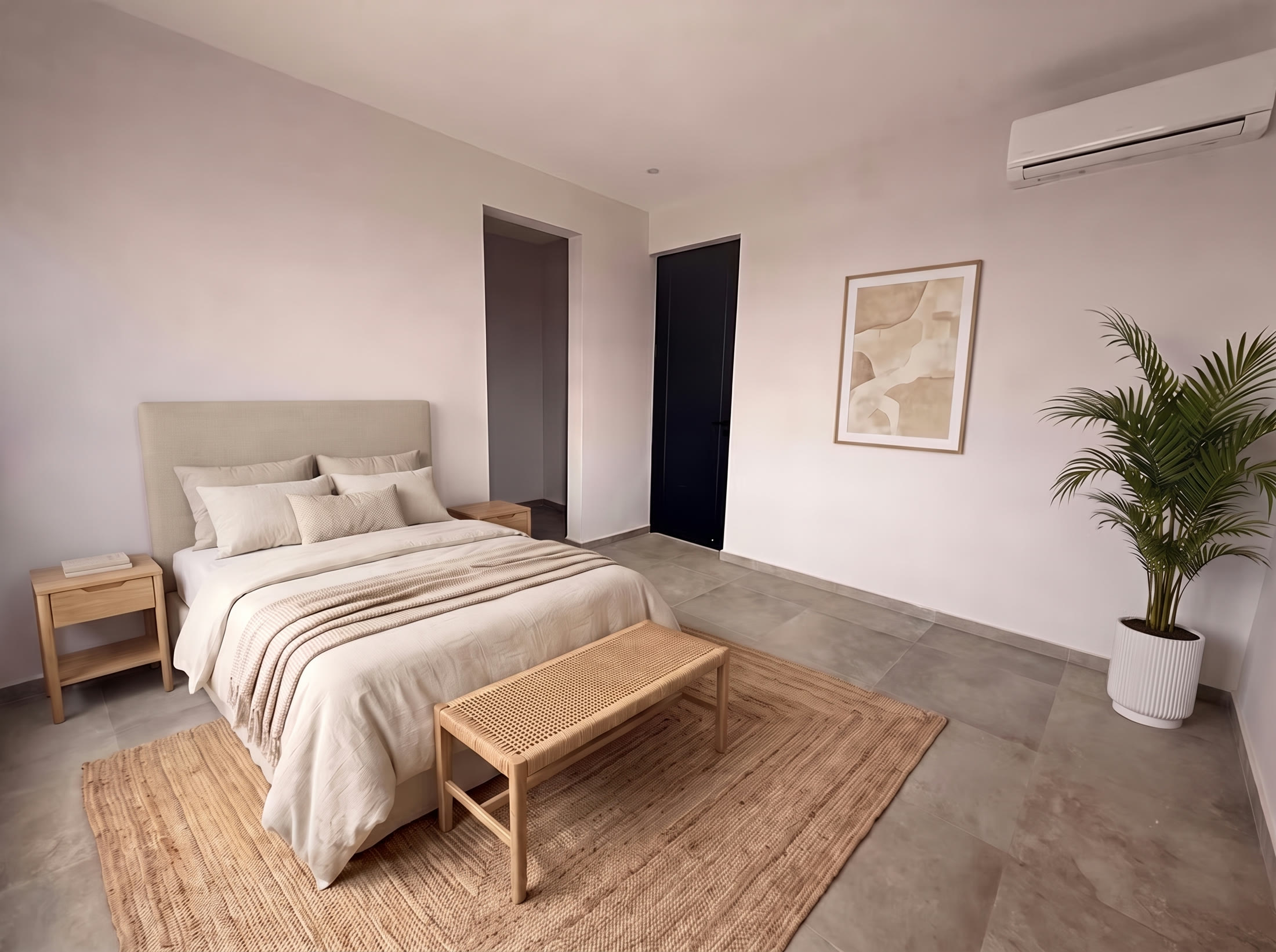 Bedroom with upholstered headboard and rattan bench