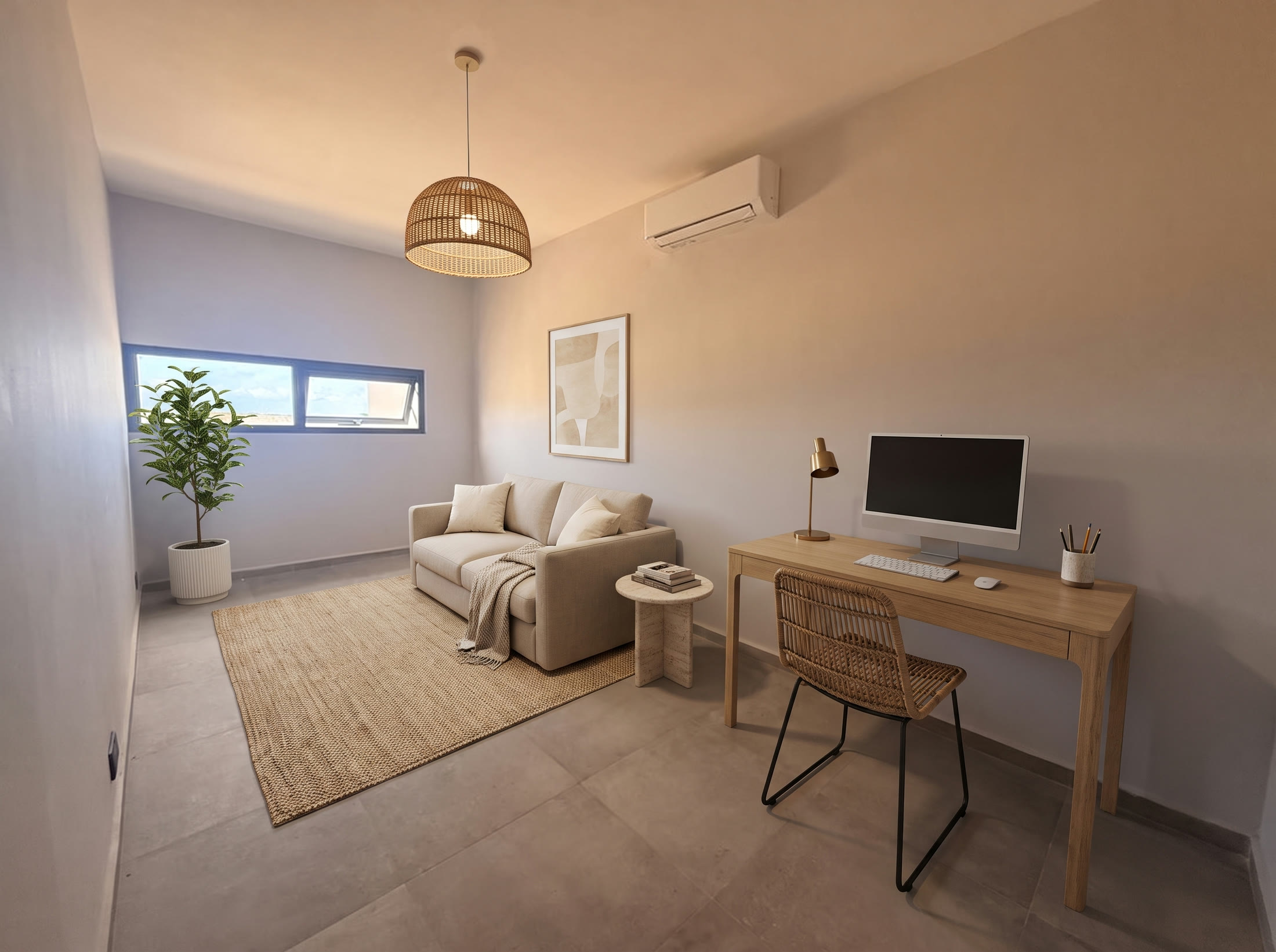 Study with oak desk, desktop computer and a two-seat sofa